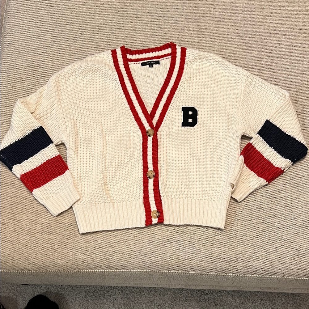 Love Tree Cream Collegiate Sweater with Red Stripe Trim‎